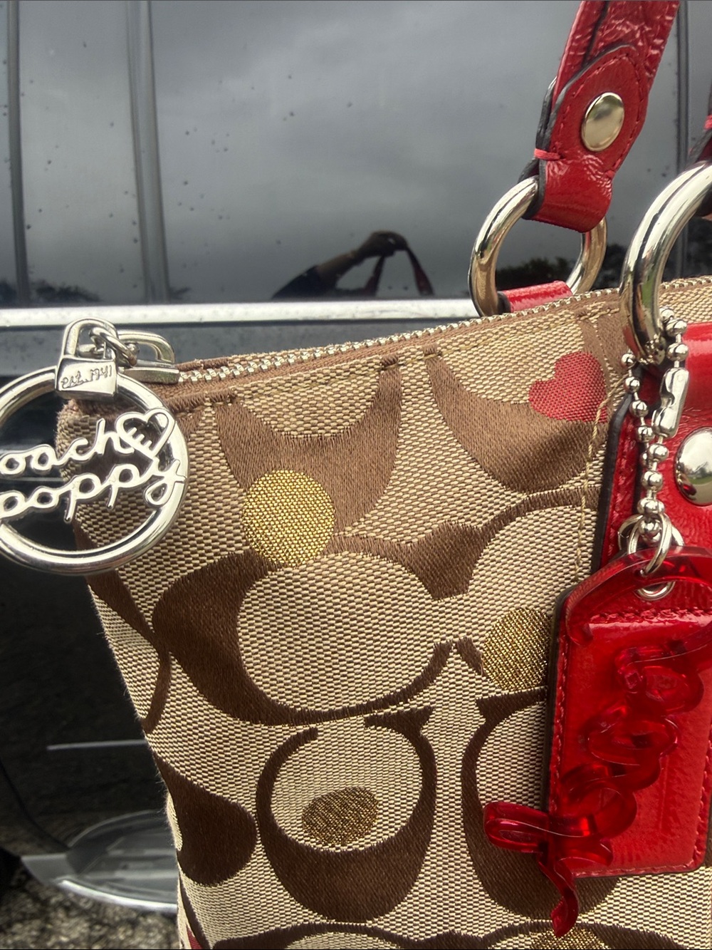 🌺❤️Coach Poppy Glam Tote 16289 Hearts Gold Dot Signature Canvas Red Leather Y2K🤎 - Picture 8 of 15